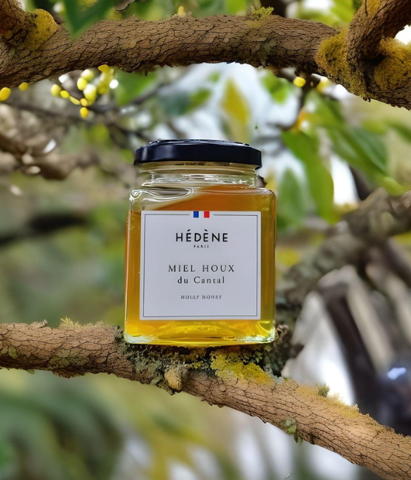Miel de houx du Cantal, couleur cristalline et reflets dorés.
