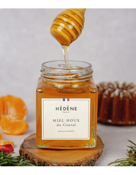 Miel de houx liquide, parfait pour sucrer boissons chaudes et desserts.