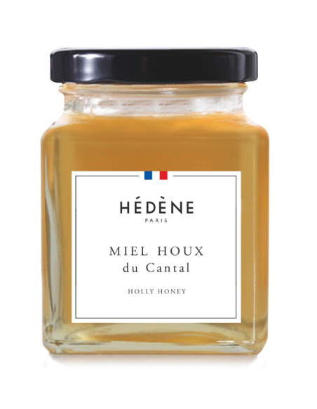 Pot de miel de houx du Cantal, arômes boisés et texture liquide.